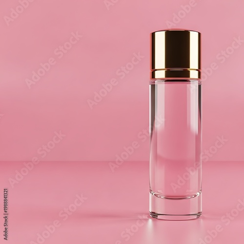 Clear glass bottle with golden cap against a pink background, highlighting elegance and luxury