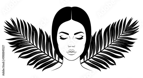 Black and white illustration of woman with closed eyes surrounded by palm leaves.