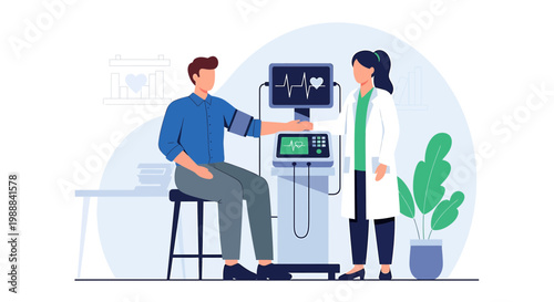 Doctor checking patient's blood pressure and heart rate on medical monitor in clinic