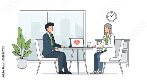 Doctor consulting patient in office with heart health data on laptop screen