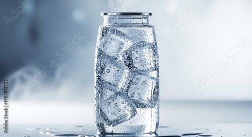 Clear glass jar filled with ice cubes, condensation, and steam rising