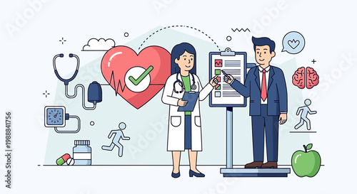 Doctor consulting patient on health checkup with heart, brain, and fitness icons