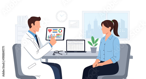 Doctor consulting patient with medical data on tablet and laptop in clinic