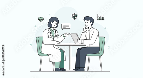Doctor consulting patient with laptop, healthcare and medical consultation concept