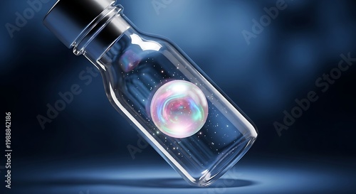 Clear glass vial with iridescent orb, shimmering particles, deep blue background