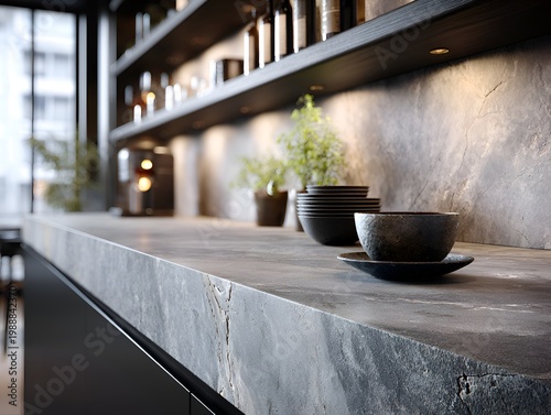 A modern kitchen design showcases a sleek grey countertop with plants and dishes under ambient lighting and dark shelving above it all.