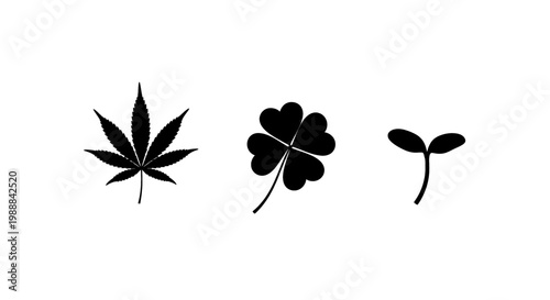 Three iconic plant silhouettes representing growth, luck, and nature on a white background