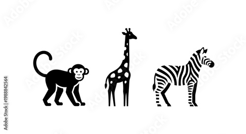 Playful monkey, spotted giraffe, and striped zebra standing together on white background