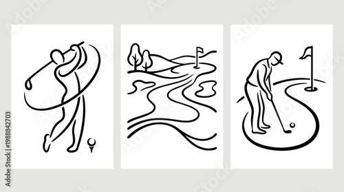Golfing Action - A Trio of Line Art Illustrations Depicting Golfing Scenes.