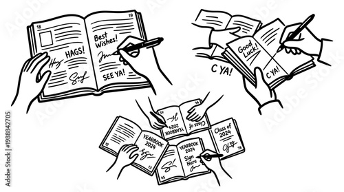 Hands signing books with pens, writing messages, and leaving signatures.