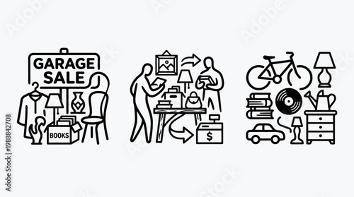 Garage Sale Icons - Illustrations of Items for Sale and Shoppers.
