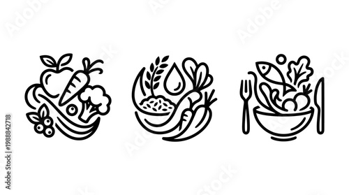 Healthy food icons representing balanced diets and nutritional meals.