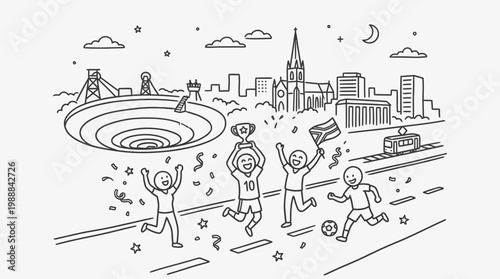 Joyful Celebration of Victory - Champions Celebrate with Trophy and Flag.