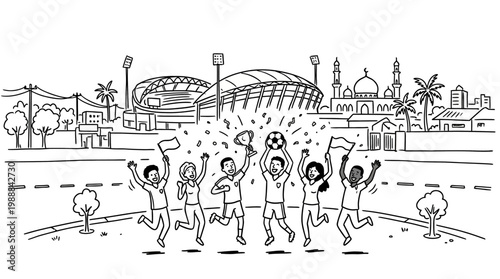 Joyful Group of Fans Celebrating Victory with Flags and Ball.