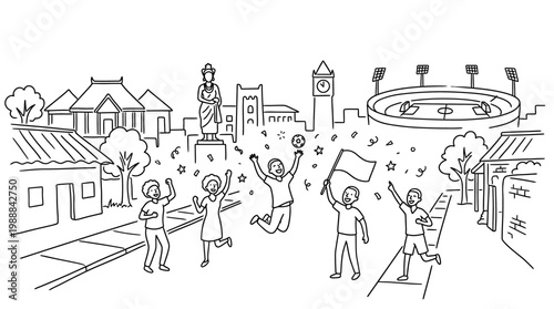 Joyful People Celebrating Victory in a City Street with Stadium.