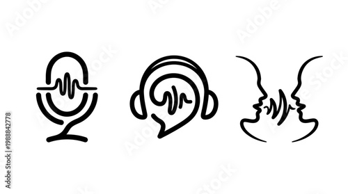 Podcast Icons - Microphone, Headphones, and Speech Bubbles Representing Audio Communication.