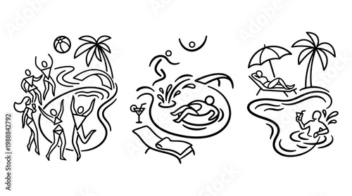 Summer Fun - Artistic Line Drawings of People Enjoying Pools.