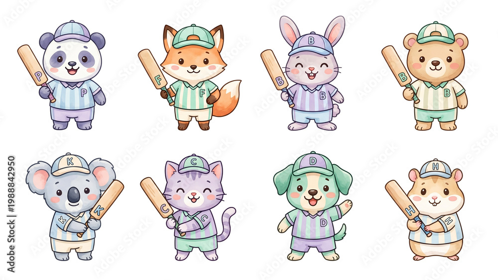 Fototapeta premium Collection Set of Funny cartoon vector icon set illustration of a cute baby animal character playing cricket with sport featuring an animal icon collection watercolor pastel style Sticker Design
