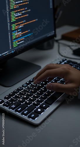 Close up of a person's hands typing on a backlit keyboard with code displayed on screen
