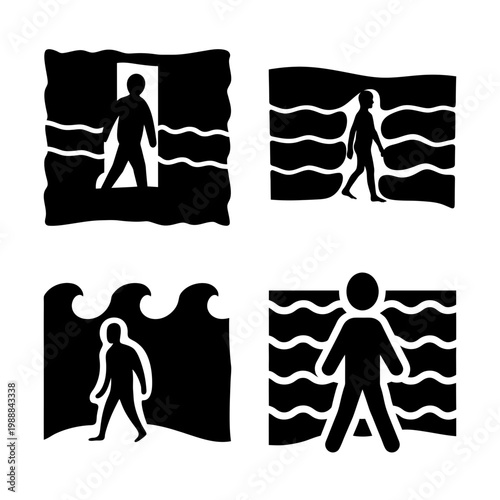Pictogram of people in and around water, illustrating different water safety situations