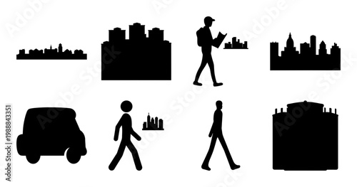 Silhouettes of urban elements including people, buildings, and a car