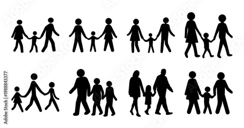 Illustration of various black family silhouettes holding hands and walking together