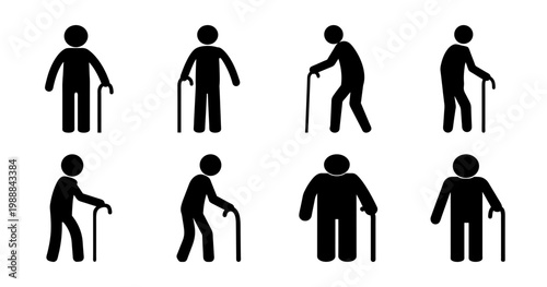 A set of elderly stick figures using canes for support and mobility