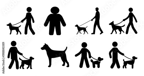Diverse set of stick figures walking dogs in different styles of representation