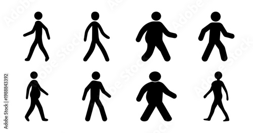 Variety of pedestrian silhouettes in different sizes and walking styles arranged symmetrically
