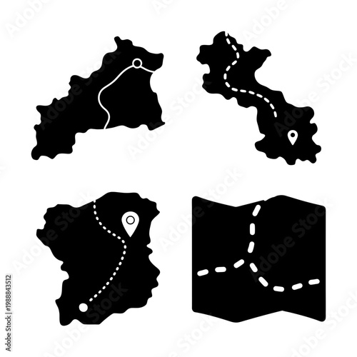Black and white map illustrations showcasing various routes and geographical areas