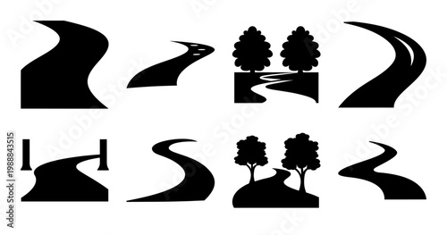 Black and white road and path illustrations with trees and archways