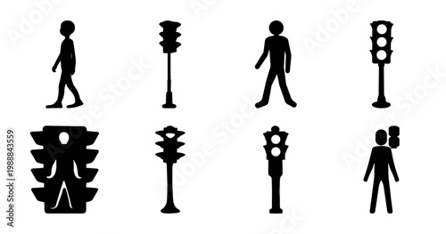 Silhouetted icons of pedestrians and traffic lights against a white background