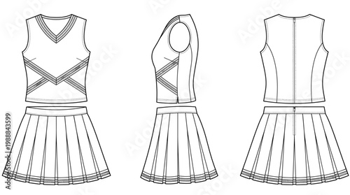 Cheerleading Uniform Sportswear Technical Drawing, Performance Shell and Skirt Multi-View Line Art Vector