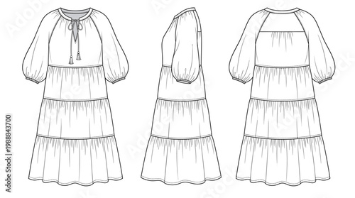 Boho Chic Maxi Dress Fashion Technical Drawing, Bohemian Embroidery Apparel Multi-View Line Art Vector