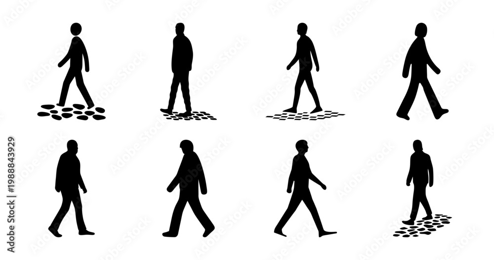 Fototapeta premium Silhouettes of people walking on various surfaces, depicted in black and white