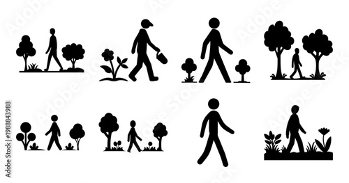 Silhouetted people enjoying nature activities like walking and gardening in a landscape