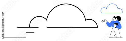 Cloud computing, data storage, team collaboration, digital transformation, information sharing, internet technology. Person holding tablet pointing at abstract cloud. Cloud computing and data storage