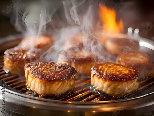 Delicious seared tuna steaks cook on a metal grill with flames and steam rising, promising a flavorful gourmet seafood dinner at home.