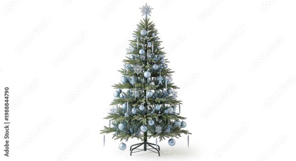 Fototapeta premium Decorated Christmas Tree with Blue Ornaments and Star