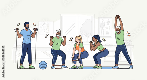 Diverse group of adults exercising with resistance bands and weights for fitness