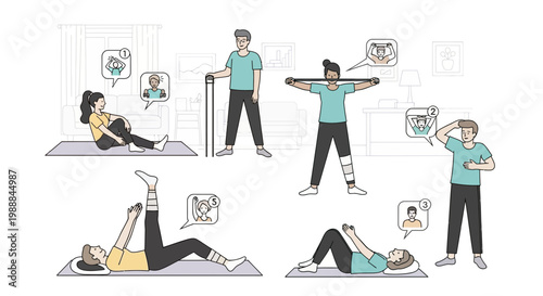 Diverse people doing home physiotherapy exercises with online guidance