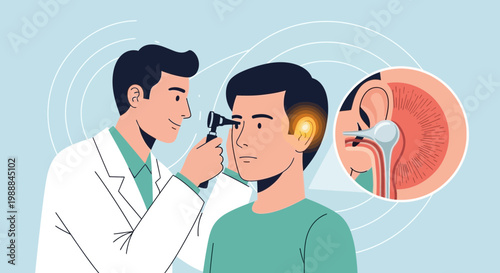 Doctor examining patient's ear with otoscope, showing ear canal and eardrum detail