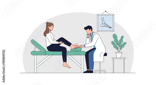 Doctor examining patient's foot on examination table in clinic, medical illustration