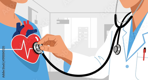 Doctor examining patient's heart with stethoscope in a clinic, cardiology concept