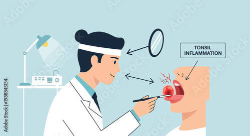 Doctor examining patient's inflamed tonsils with medical tools and light