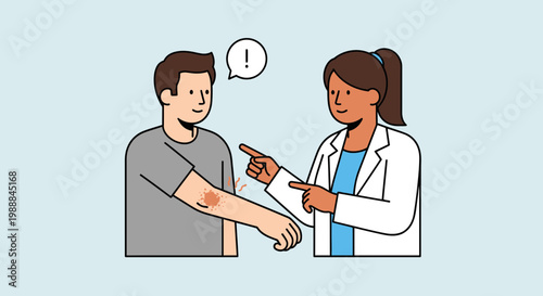 Doctor examining patient's skin rash on arm, medical consultation, health checkup