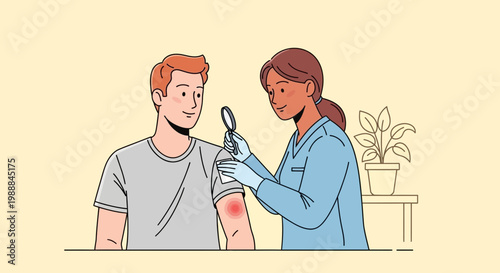 Doctor examining patient's skin rash with magnifying glass, medical check-up