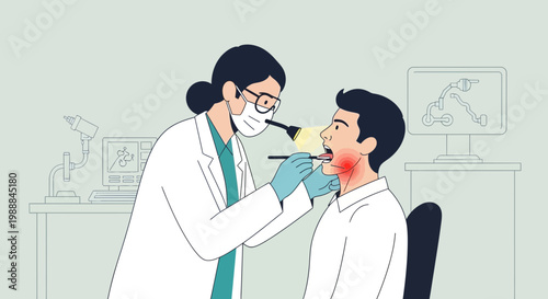Doctor examining patient's throat with inflamed tonsils, medical checkup