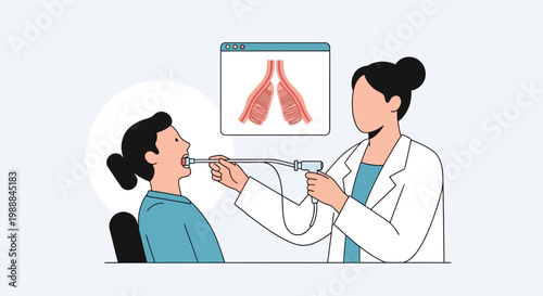 Doctor examining patient's throat with endoscope, showing tonsils on screen