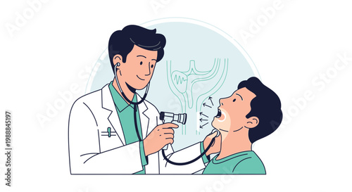 Doctor examining patient's throat with otoscope, medical check-up for sore throat or infection